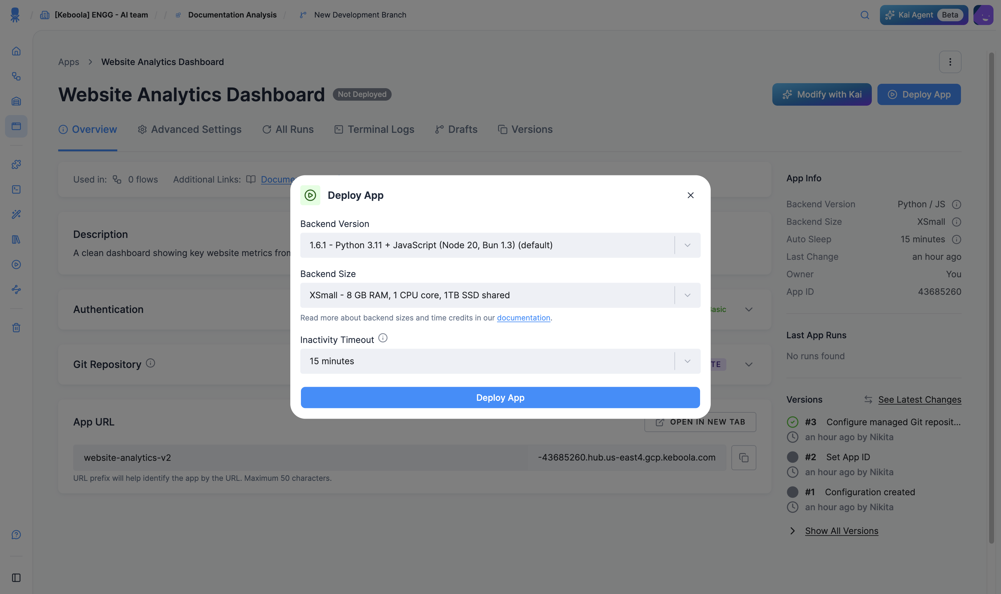 The deploy/redeploy wizard: backend size and inactivity timeout